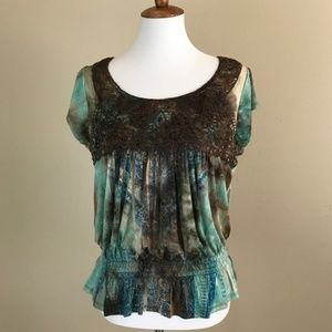 New Emerald Brown & Teal, Boho Top Size M